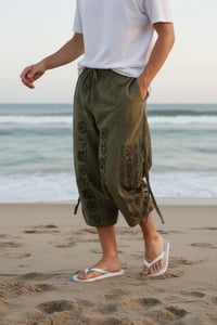 Image 1 of Classic Green Cotton Harem Pants with Om Print – Unisex Boho Yoga Beach Pants