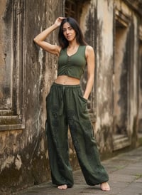 Image 10 of Classic Green Cotton Harem Pants with Om Print – Unisex Boho Yoga Beach Pants