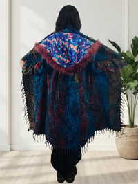 Image 8 of Festival Hooded Faux Fur Psychedelic Fringe Wizard Cloak - Blue Multi