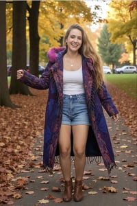 Image 1 of Hooded Faux Fur Fringe Festival Coat - UV Glow Hood Liner- Pink & Purple Multi