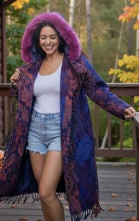 Image 2 of Hooded Faux Fur Fringe Festival Coat - UV Glow Hood Liner- Pink & Purple Multi