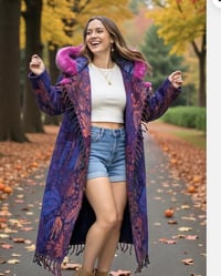 Image 3 of Hooded Faux Fur Fringe Festival Coat - UV Glow Hood Liner- Pink & Purple Multi