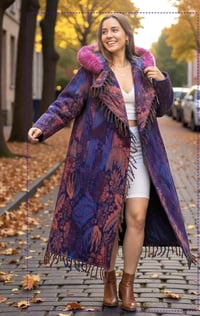 Image 4 of Hooded Faux Fur Fringe Festival Coat - UV Glow Hood Liner- Pink & Purple Multi