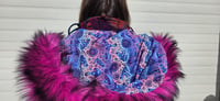 Image 5 of Hooded Faux Fur Fringe Festival Coat - UV Glow Hood Liner- Pink & Purple Multi