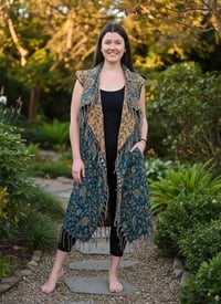 Image 1 of Hooded Vest Blue Gold Paisley - Bohemian Festival Duster Sleeveless Cloak
