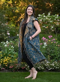 Image 2 of Hooded Vest Blue Gold Paisley - Bohemian Festival Duster Sleeveless Cloak
