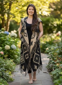 Image 2 of Hooded Fringe Vest, Bohemian Tribal Duster Sleeveless Cloak - Black Tan - Geometric Pattern