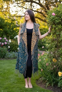 Image 3 of Hooded Vest Blue Gold Paisley - Bohemian Festival Duster Sleeveless Cloak