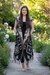 Image 3 of Hooded Fringe Vest, Bohemian Tribal Duster Sleeveless Cloak - Black Tan - Geometric Pattern