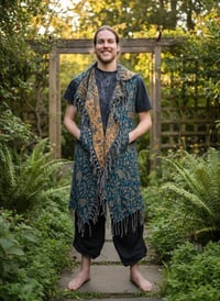 Image 4 of Hooded Vest Blue Gold Paisley - Bohemian Festival Duster Sleeveless Cloak