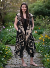Image 4 of Hooded Fringe Vest, Bohemian Tribal Duster Sleeveless Cloak - Black Tan - Geometric Pattern