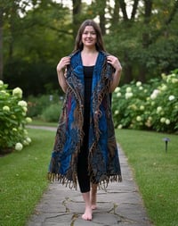 Image 2 of Hooded Fringe Vest, Bohemian Festival Duster Cloak, Blue-Multi