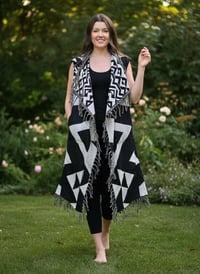 Image 6 of Festival Vest Black and White, Geometric Hooded Duster Cloak