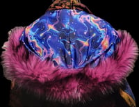 Image 6 of Hooded Faux Fur Fringe Festival Coat - UV Glow Hood Liner- Pink & Purple Multi
