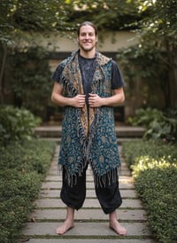 Image 5 of Hooded Vest Blue Gold Paisley - Bohemian Festival Duster Sleeveless Cloak