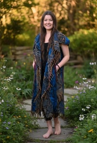 Image 3 of Hooded Fringe Vest, Bohemian Festival Duster Cloak, Blue-Multi