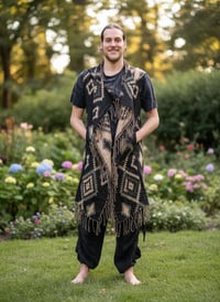 Image 5 of Hooded Fringe Vest, Bohemian Tribal Duster Sleeveless Cloak - Black Tan - Geometric Pattern