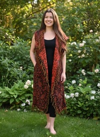 Image 1 of Festival Hooded Fringe Vest, Bohemian Paisley Long Vest Cloak, Orange-Red