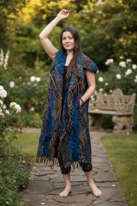 Image 4 of Hooded Fringe Vest, Bohemian Festival Duster Cloak, Blue-Multi