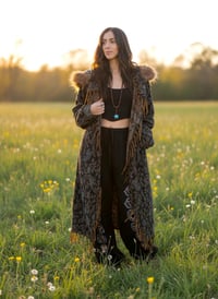 Image 3 of Hooded Festival Wizard Coat Boho Paisley Cloak Jacket Faux Fur Fringe Winter Coat Blue Green