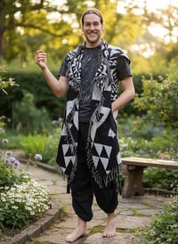 Image 4 of Festival Vest Black and White, Geometric Hooded Duster Cloak
