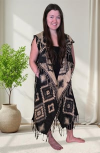 Image 1 of Hooded Fringe Vest, Bohemian Tribal Duster Sleeveless Cloak - Black Tan - Geometric Pattern