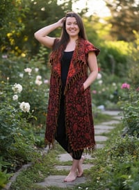 Image 2 of Festival Hooded Fringe Vest, Bohemian Paisley Long Vest Cloak, Orange-Red