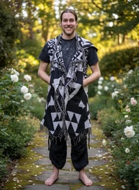 Image 7 of Festival Vest Black and White, Geometric Hooded Duster Cloak
