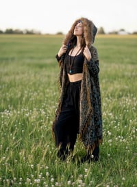 Image 4 of Hooded Festival Wizard Coat Boho Paisley Cloak Jacket Faux Fur Fringe Winter Coat Blue Green