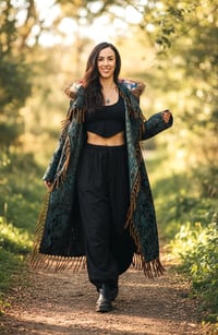 Image 2 of Blue Paisley Hooded Festival Coat – Acrylic Wool Wizard Cloak, Boho Fur Fringe Jacket