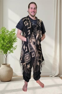 Image 6 of Hooded Fringe Vest, Bohemian Tribal Duster Sleeveless Cloak - Black Tan - Geometric Pattern