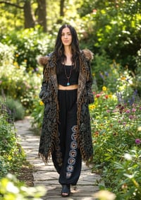 Image 5 of Hooded Festival Wizard Coat Boho Paisley Cloak Jacket Faux Fur Fringe Winter Coat Blue Green
