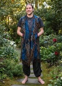 Image 7 of Hooded Fringe Vest, Bohemian Festival Duster Cloak, Blue-Multi
