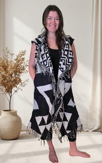 Image 1 of Festival Vest Black and White, Geometric Hooded Duster Cloak