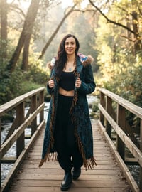 Image 3 of Blue Paisley Hooded Festival Coat – Acrylic Wool Wizard Cloak, Boho Fur Fringe Jacket