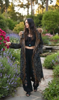 Image 6 of Hooded Festival Wizard Coat Boho Paisley Cloak Jacket Faux Fur Fringe Winter Coat Blue Green