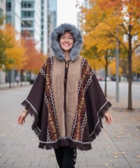 Image 1 of Handwoven Wool Poncho, Faux Fur Hood, Festival Winter Wear - Brown