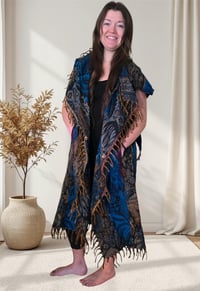 Image 1 of Hooded Fringe Vest, Bohemian Festival Duster Cloak, Blue-Multi