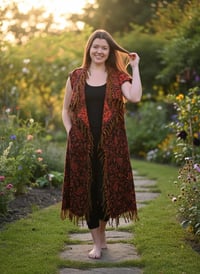 Image 4 of Festival Hooded Fringe Vest, Bohemian Paisley Long Vest Cloak, Orange-Red