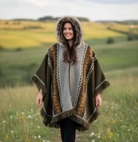 Image 2 of Handwoven Wool Poncho, Faux Fur Hood, Festival Winter Wear - Earthy Green