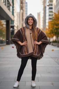 Image 2 of Handwoven Wool Poncho, Faux Fur Hood, Festival Winter Wear - Brown