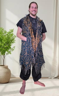 Image 8 of Hooded Vest Blue Gold Paisley - Bohemian Festival Duster Sleeveless Cloak