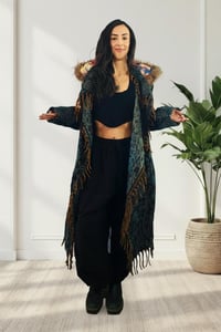 Image 4 of Blue Paisley Hooded Festival Coat – Acrylic Wool Wizard Cloak, Boho Fur Fringe Jacket