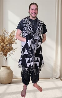 Image 2 of Festival Vest Black and White, Geometric Hooded Duster Cloak