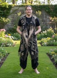 Image 8 of Hooded Fringe Vest, Bohemian Tribal Duster Sleeveless Cloak - Black Tan - Geometric Pattern