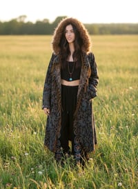Image 1 of Hooded Festival Wizard Coat Boho Paisley Cloak Jacket Faux Fur Fringe Winter Coat Blue Green