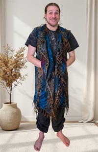 Image 8 of Hooded Fringe Vest, Bohemian Festival Duster Cloak, Blue-Multi