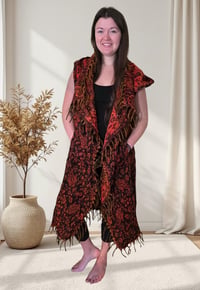 Image 5 of Festival Hooded Fringe Vest, Bohemian Paisley Long Vest Cloak, Orange-Red