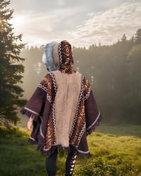 Image 3 of Handwoven Wool Poncho, Faux Fur Hood, Festival Winter Wear - Brown