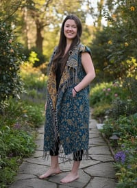 Image 9 of Hooded Vest Blue Gold Paisley - Bohemian Festival Duster Sleeveless Cloak